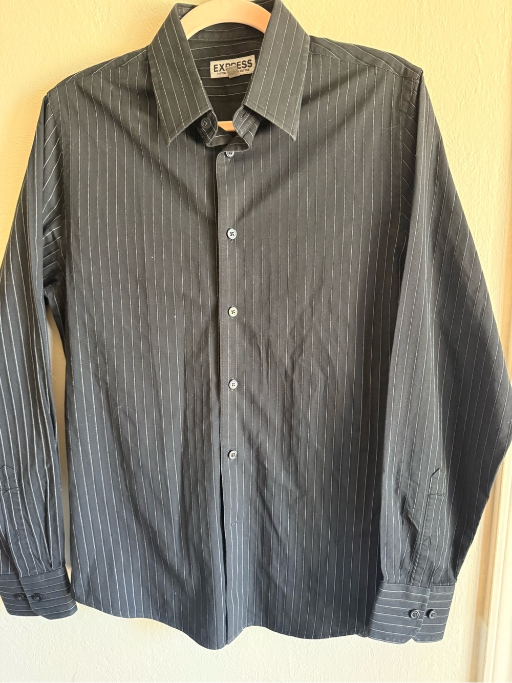 Express Men's Black Dress Shirt with White Pinstripes